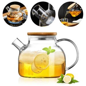Ceainic cu infuzor 1 L Koken, Sticla termorezistentă borosilicată, Capacul din bambus/oțel inoxidabil, Rezistent la temperaturi extreme 150℃