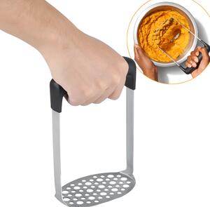 Zdrobitor pentru cartofi Koken, din oțel inoxidabil, Presa cu mâner ergonomic anti-alunecare, pasator manual pentru legume, 16,8 x 11,2 x 7,2 cm, Negru/Argintiu