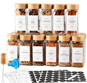 Set recipiente condimente 12 sticlute cu capace de dozaj de 120 ml, perie, palnie, etichete si marker, capac etans din bambus, Transparent