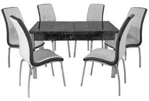Set masa extensibila Napoli Black Marble cu 6 scaune Rimini alb cu negru, DENVER, picioare crom, 130x80x76 cm