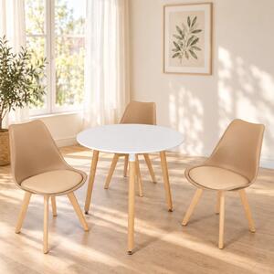Set masa Salzburg alba cu 3 scaune Stockholm cappuccino, DENVER, blat MDF alb, forma rotunda, 80x74 cm