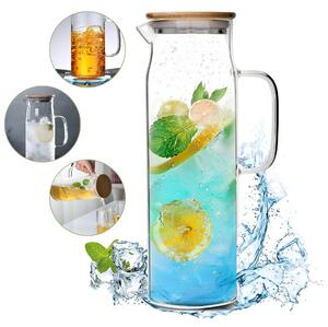 Carafa din sticla borosilicata 1,4 L Koken, Calitate Premium, pentru apa, sucuri, limonada, Ulcior cu capac ermetic din bambus si otel inoxidabil, 26 x 8,5 cm, Termorezistenta de la -20°C pana la +150°C, Transparenta/Lemn - Carafa Apa
