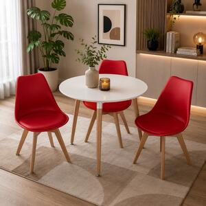 Set masa Salzburg alba cu 3 scaune Stockholm rosu, DENVER, blat MDF alb, forma rotunda, 80x74 cm