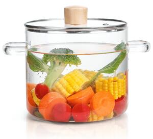 Oala din sticla borosilicata 2L pentru aragaz, cu capac si manere Koken, Rezistenta termica 130 °C, Cratita Durabila, Sticla Transparenta/Lemn