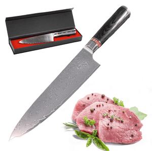 Cutitul Bucatarului, Profesional japonez din otel Damasc, 67 de straturi, lama 20 cm, mâner lemn Pakka, Rezistent la Coroziune, Negru
