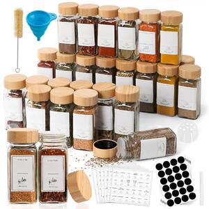 Set recipiente pentru condimente Koken depozitare condimente, organizator condimente din 24 sticlute cu capace de dozaj de 120 ml, borcane condimente, perie, palnie, etichete si marker, capac etans din bambus, Transparent