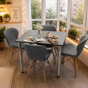 Set masa cu 4 scaune Oslo gri, DENVER, blat pal gri, cant abs negru, forma dreptunghiulara, 90x64x73 cm