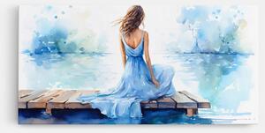Tablou Canvas, 40x80cm, Dormitor si Living, Moderne, Textura de pictura, Lake Blue Woman