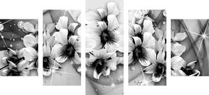 Tablou 5-piese flori alb-negru pe un fundal abstract