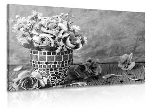 Tablou flori de garoafe într-un ghiveci de mozaic în design alb-negru