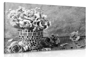 Tablou flori de garoafe într-un ghiveci de mozaic în design alb-negru