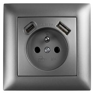 Priză simplă cu împământare + USB-A USB-C OSTE JNH004-G Grey