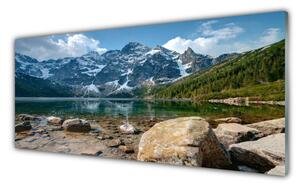 Panou sticla bucatarie Mountain Lake Stones Peisaj Gri Albastru Verde Alb