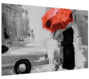Tablou - Cuplu în dragoste sub o umbrelă, roșu (90x60 cm)