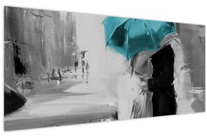 Tablou - Cuplu în dragoste cu umbrelă, albastru (120x50 cm)