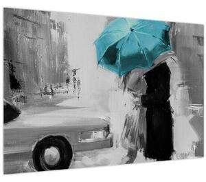 Tablou - Cuplu în dragoste cu umbrelă, albastru (90x60 cm)