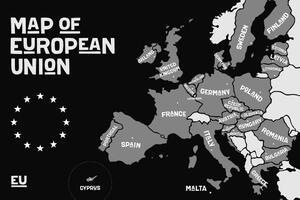 Tablou hartă educațională cu denumirile tărilor din uniunea europeană în design alb-negru