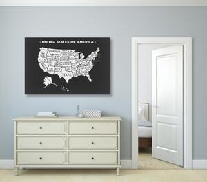 Tablou hartă educațională a SUA în design alb-negru