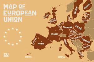 Tablou pe plută harta educațională cu denumirile țărilor uniunii europene în nuanțe maro