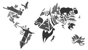 Tablou harta lumii cu simbolurile continentelor individuale în design alb-negru