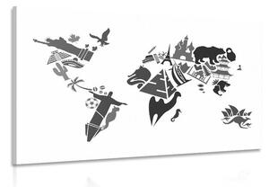 Tablou harta lumii cu simbolurile continentelor individuale în design alb-negru