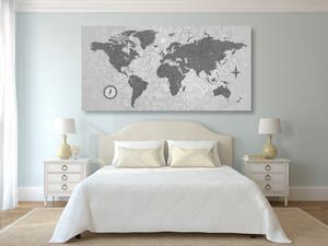 Tablou pe plută harta lumii cu busolă în stil retro în design alb-negru