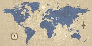 Tablou pe plută harta lumii cu busolă în stil retro