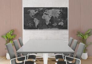 Tablou pe plută harta lumii rustică în design alb-negru
