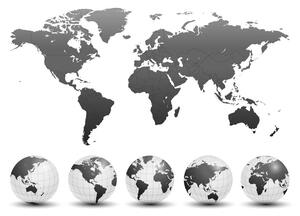 Tablou globuri cu harta lumii în design alb-negru