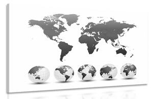 Tablou globuri cu harta lumii în design alb-negru