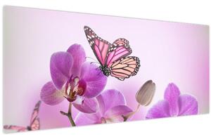 Tablou - Fluture pe flori de orhidee, liliac (120x50 cm)