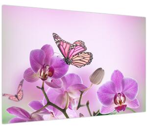 Tablou - Fluture pe flori de orhidee, liliac (90x60 cm)