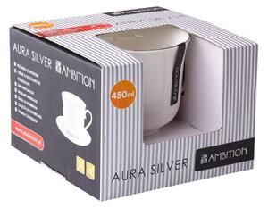 Cana cu farfurie Aura Silver, Ambition, portelan, 450 ml, alb