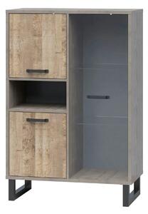 Vitrina BARI, gri/stejar, PAL laminat/sticla/metal, 90x45x134 cm