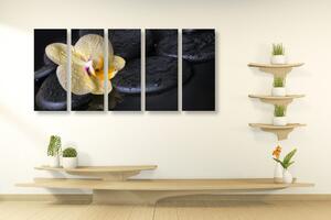 Tablou 5-piese pietre Zen cu orhidea galbenă