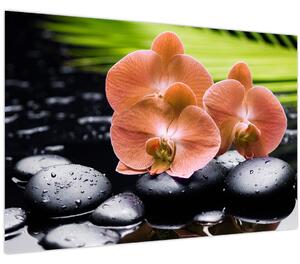 Tablou - Orhidee portocalie cu frunze de palmier (90x60 cm)