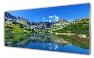 Tablou pe sticla Mountain Lake Peisaj Albastru Verde Gri