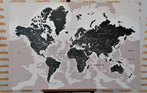 Tablou pe plută harta lumii modernă în alb-negru