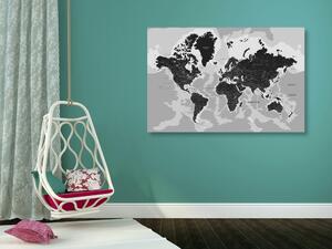 Tablou pe plută harta lumii modernă în alb-negru