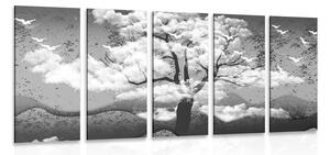Tablou 5-piese copac în alb-negru acoperit de nori