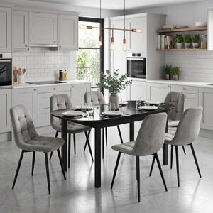 Set Masă Extensibilă Carla Negru Marmorat 134–174 × 80 cm cu 6 Scaune Gya Gri, Tapițate, Picioare Metalice Negre