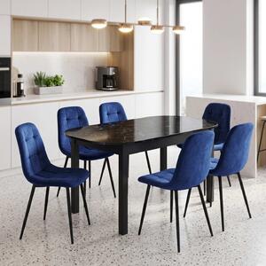 Set Masă Extensibilă Carla Negru Marmorat 134–174 × 80 cm cu 6 Scaune Gya Albastre, Tapițate, Picioare Metalice Negre