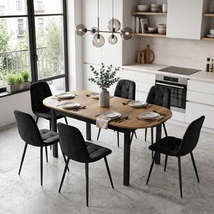 Set Masă Extensibilă Carla Nuc 134–174 × 80 cm cu 6 Scaune Gya Negre, Tapițate, Picioare Metalice Negre
