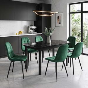Set Masă Extensibilă Carla Negru Marmorat 134–174 × 80 cm cu 6 Scaune Gya Verde, Tapițate, Picioare Metalice Negre