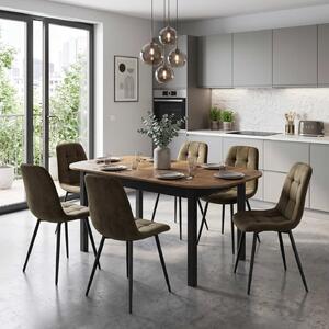 Set Masă Extensibilă Carla Nuc 134–174 × 80 cm cu 6 Scaune Gya Maro, Tapițate, Picioare Metalice Negre