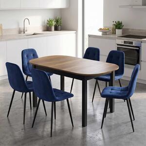 Set Masă Extensibilă Carla Nuc 134–174 × 80 cm cu 6 Scaune Gya Albastre, Tapițate, Picioare Metalice Negre