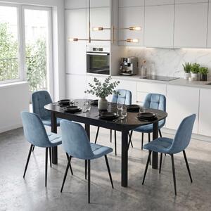 Set Masă Extensibilă Carla Negru Marmorat 134–174 × 80 cm cu 6 Scaune Gya Turcoaz, Tapițate, Picioare Metalice Negre