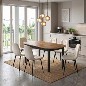 Set Masă Extensibilă Carla Nuc 134–174 × 80 cm cu 6 Scaune Gya Crem, Tapițate, Picioare Metalice Negre