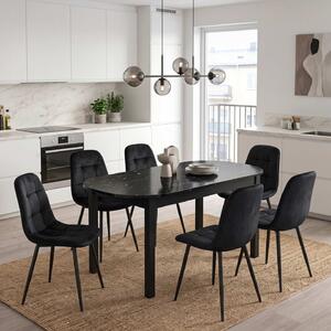 Set Masă Extensibilă Carla Negru Marmorat 134–174 × 80 cm cu 6 Scaune Gya Negre, Tapițate, Picioare Metalice Negre