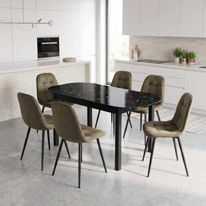 Set Masă Extensibilă Carla Negru Marmorat 134–174 × 80 cm cu 6 Scaune Gya Maro, Tapițate, Picioare Metalice Negre